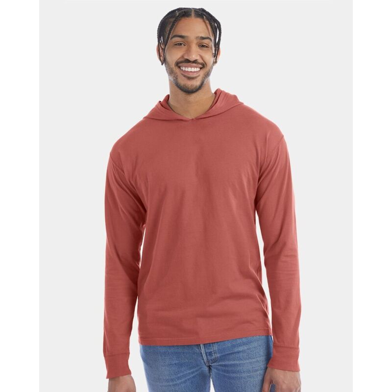 Unisex Garment-Dyed Jersey Hooded Long Sleeve T-Shirt Thumbnail